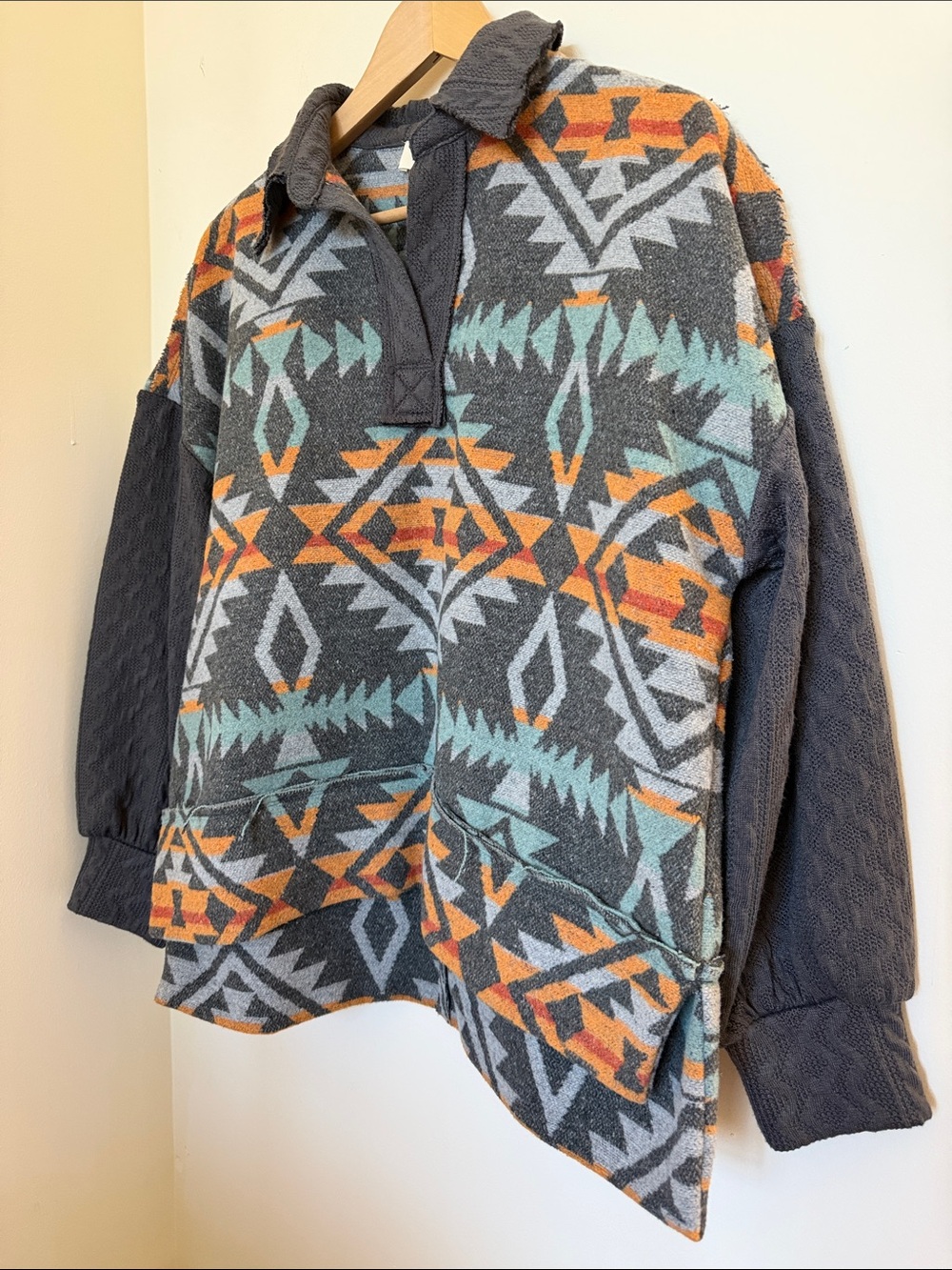BiBi Aztec Print Pullover in Charcoal, Teal & Orange